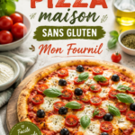 Pizza maison sans gluten garnie de légumes colorés, parfaite pour les enfants.