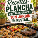 Un plat coloré de légumes et viandes cuits à la plancha pour un repas familial dans le jardin.