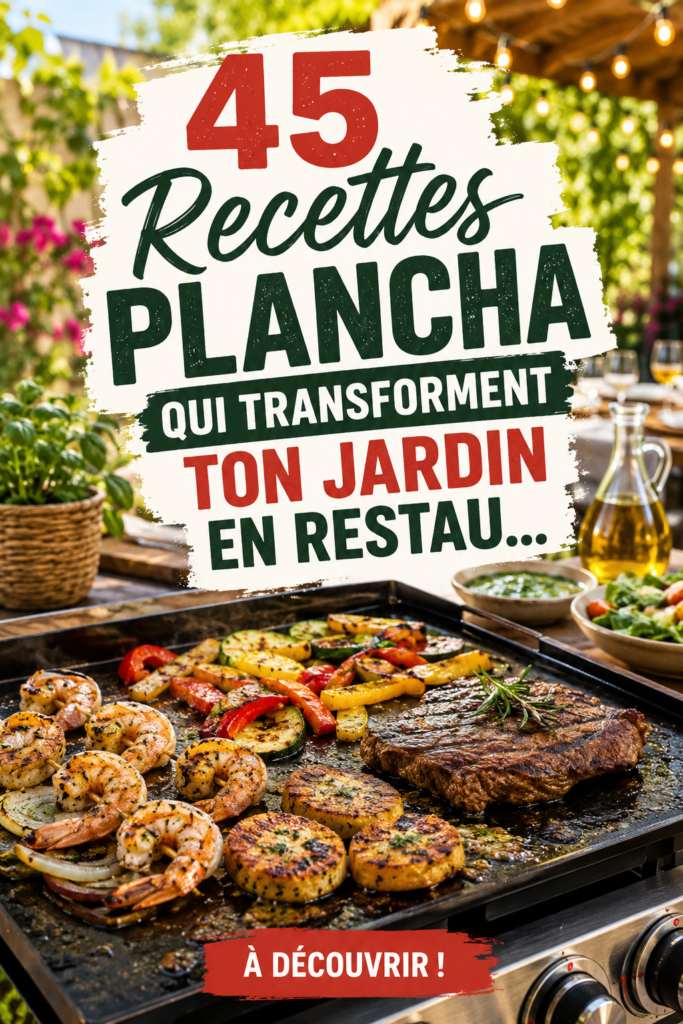 Un plat coloré de légumes et viandes cuits à la plancha pour un repas familial dans le jardin.