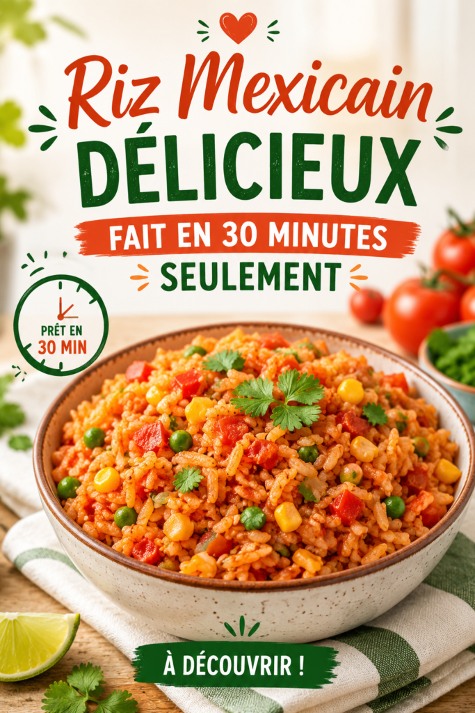 Un plat de riz mexicain coloré, prêt en 30 minutes, servi dans une assiette.