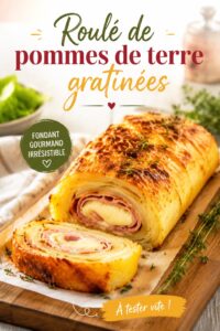 Roulé de pommes de terre gratinées sur une assiette servie avec une sauce légère.