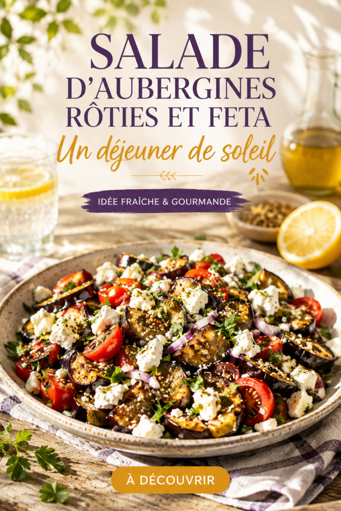 Salade colorée d'aubergines rôties et feta, idéale pour un déjeuner ensoleillé.