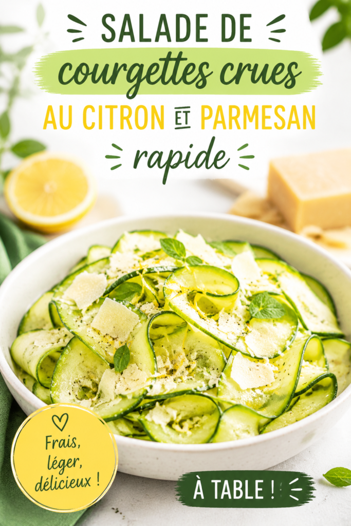 Salade de courgettes crues au citron et parmesan, servie dans un bol en bois.