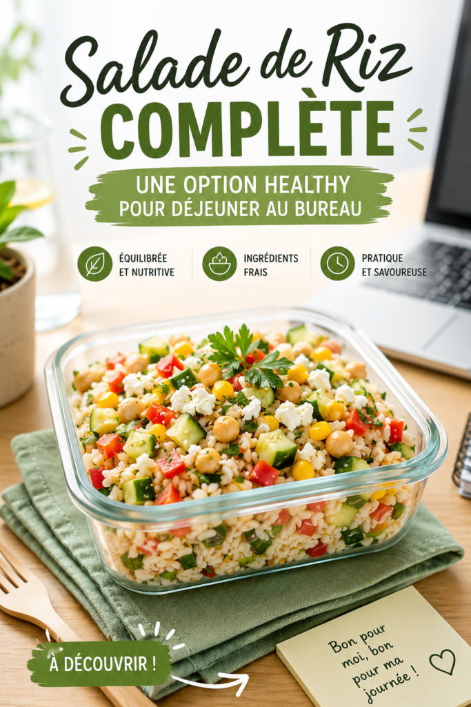 Salade de riz complète avec légumes colorés, idéale pour le bureau.