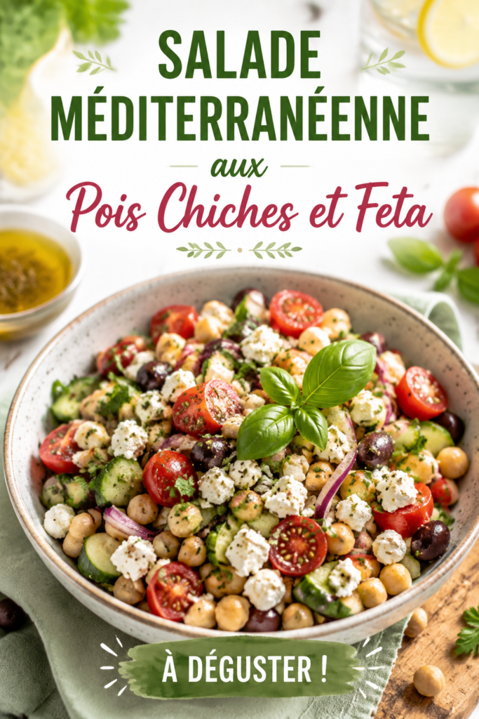 Salade méditerranéenne aux pois chiches et feta présentée dans une assiette colorée, idéale pour les enfants.