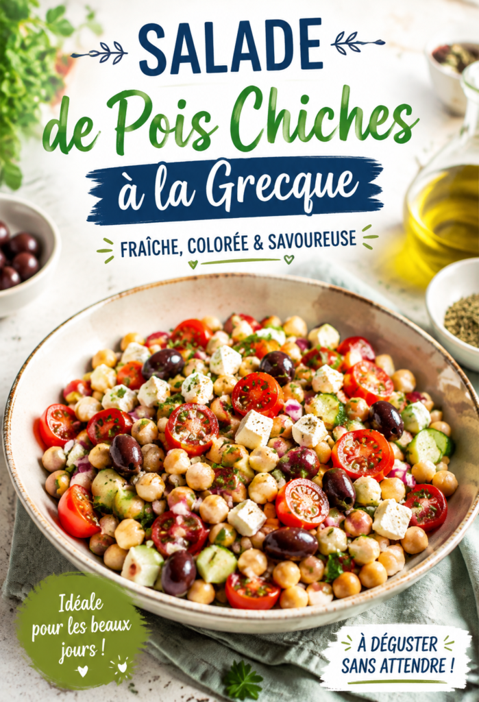 Salade de pois chiches à la grecque, idéale pour les lunchbox des enfants.