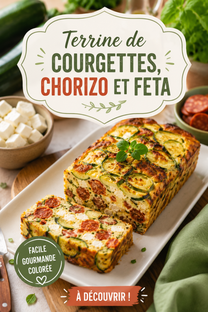 Terrine de courgettes, chorizo et feta décorée sur une planche en bois