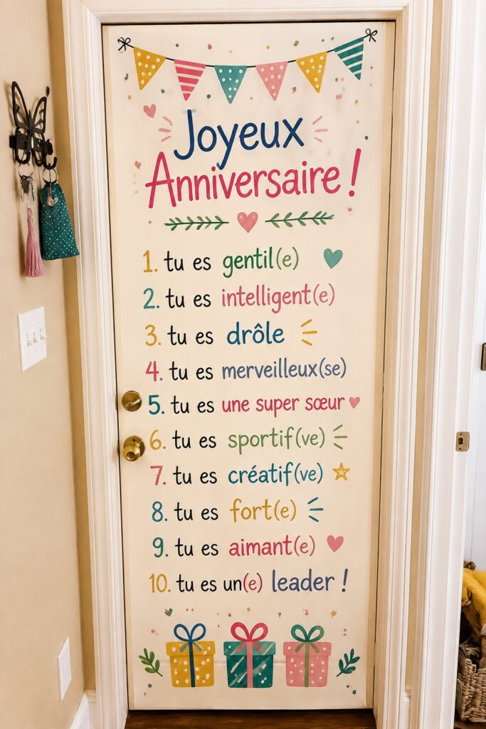 Affiche d'anniversaire colorée accrochée à une porte de chambre d'enfant