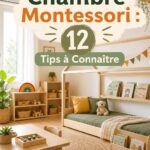 Chambre Montessori lumineuse et accueillante, avec des meubles adaptés pour enfant.