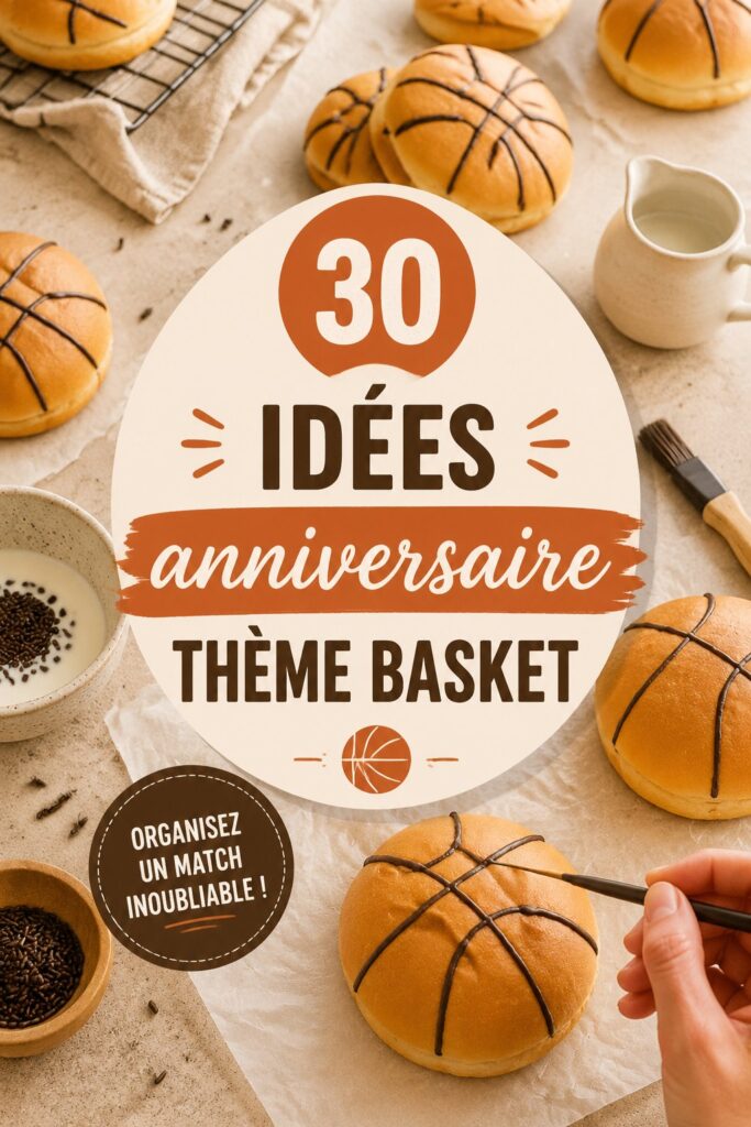 Table de fête d'anniversaire sur le thème du basketball avec des recettes gourmandes.