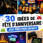 Goûter d'anniversaire pour enfants sur le thème des jeux vidéo avec diverses collations.