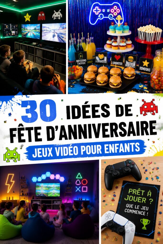 Goûter d'anniversaire pour enfants sur le thème des jeux vidéo avec diverses collations.