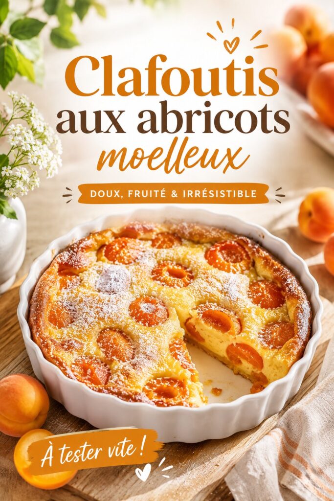Un clafoutis aux abricots moelleux, prêt à être dégusté, sur une table en bois.