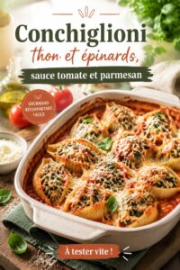 Assiette de conchiglioni farcis au thon et aux épinards, garnis de sauce tomate et de parmesan