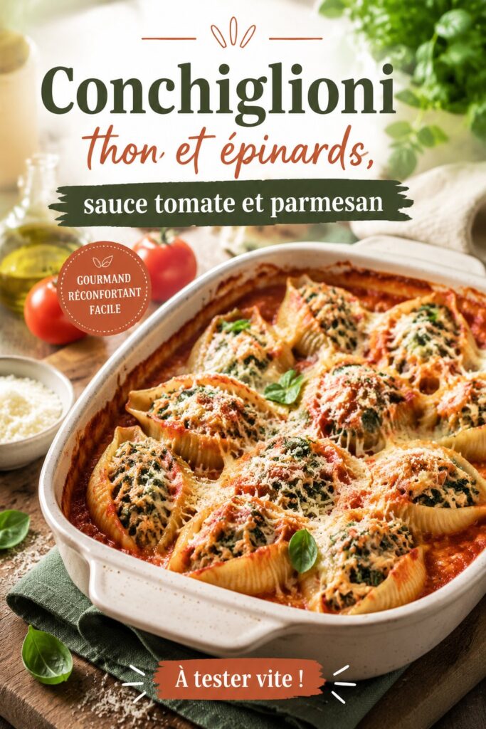 Assiette de conchiglioni farcis au thon et aux épinards, garnis de sauce tomate et de parmesan