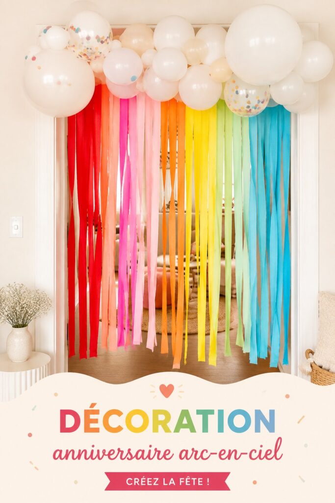 Table décorée pour un anniversaire d'enfant avec des couleurs arc-en-ciel et des ballons.
