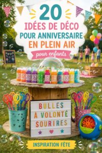 Une fête d'anniversaire en plein air avec des décorations colorées pour enfants.