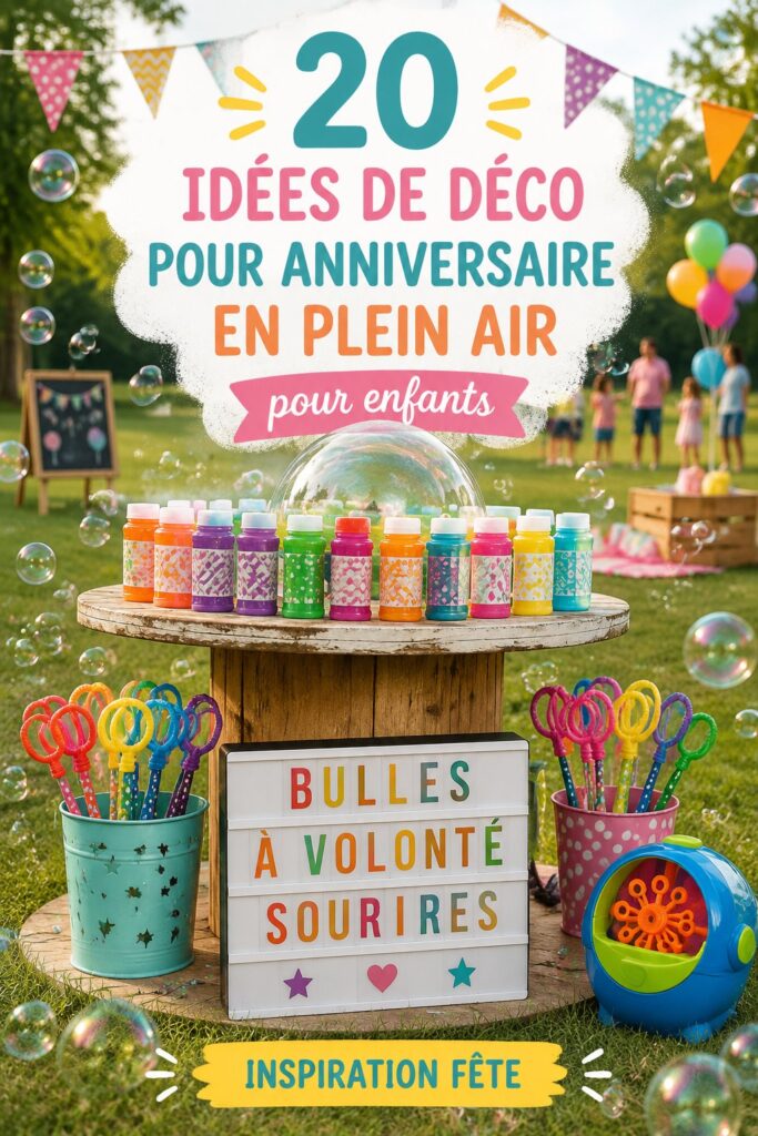 Une fête d'anniversaire en plein air avec des décorations colorées pour enfants.
