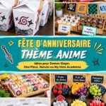 Fête d'anniversaire inspirée des anime avec des décorations colorées et des gâteaux thématiques.