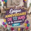 Fête d'anniversaire colorée dans un jardin, avec des enfants jouant et une table décorée.
