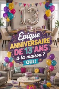 Fête d'anniversaire colorée dans un jardin, avec des enfants jouant et une table décorée.