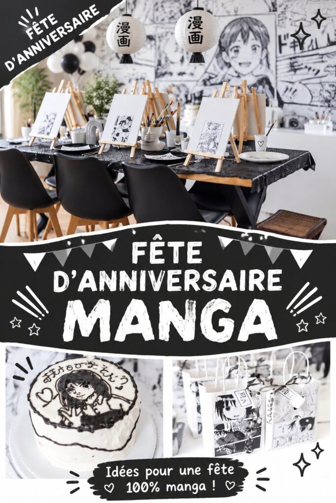 Fête d'anniversaire avec décorations manga et table gourmande