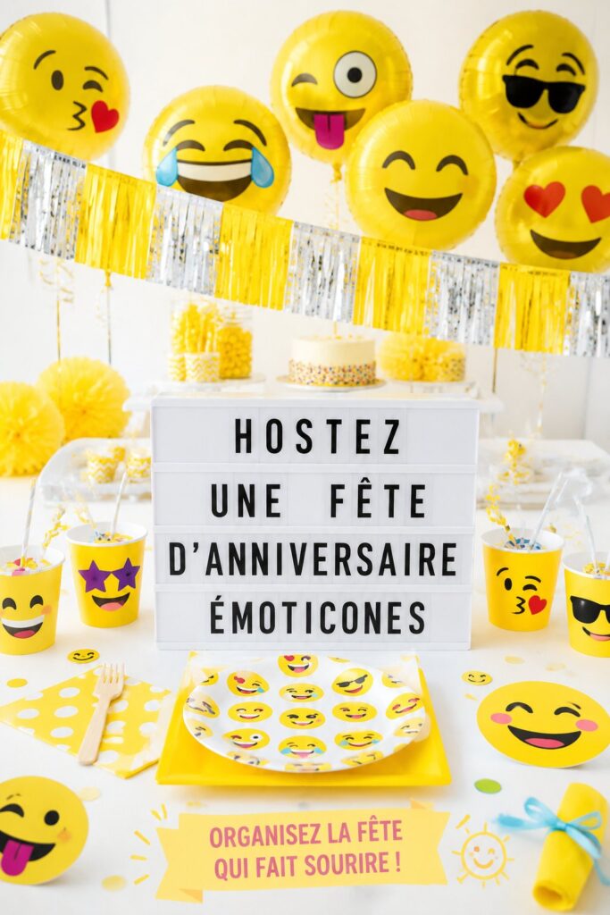 Une fête d'anniversaire colorée sur le thème des emojis avec des décorations vives.