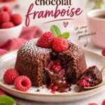 Un délicieux fondant chocolat framboise tranché sur une assiette, parfait pour une lunchbox enfant.