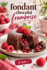 Un délicieux fondant chocolat framboise tranché sur une assiette, parfait pour une lunchbox enfant.