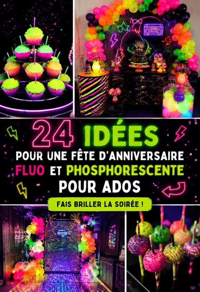 Idées de fête néon avec décorations colorées qui brillent dans le noir