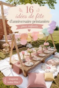 Une table décorée avec des thèmes printaniers pour un anniversaire d'enfant, avec des ballons et des fleurs.