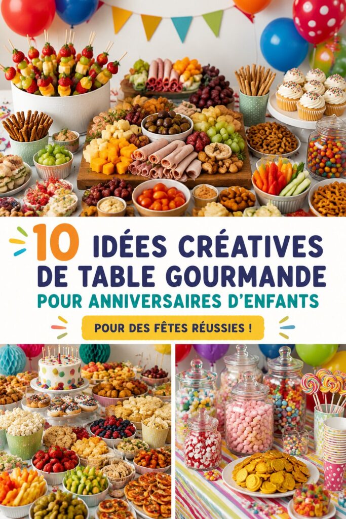 Buffet coloré pour un anniversaire d'enfants avec divers plats et décorations
