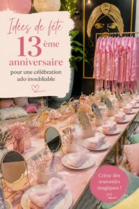 Une décoration esthétique pour une fête d'anniversaire de 13 ans, avec des ballons colorés et des tables joliment dressées.