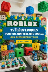 Fête d'anniversaire sur le thème de Roblox avec jeux et décorations colorées.
