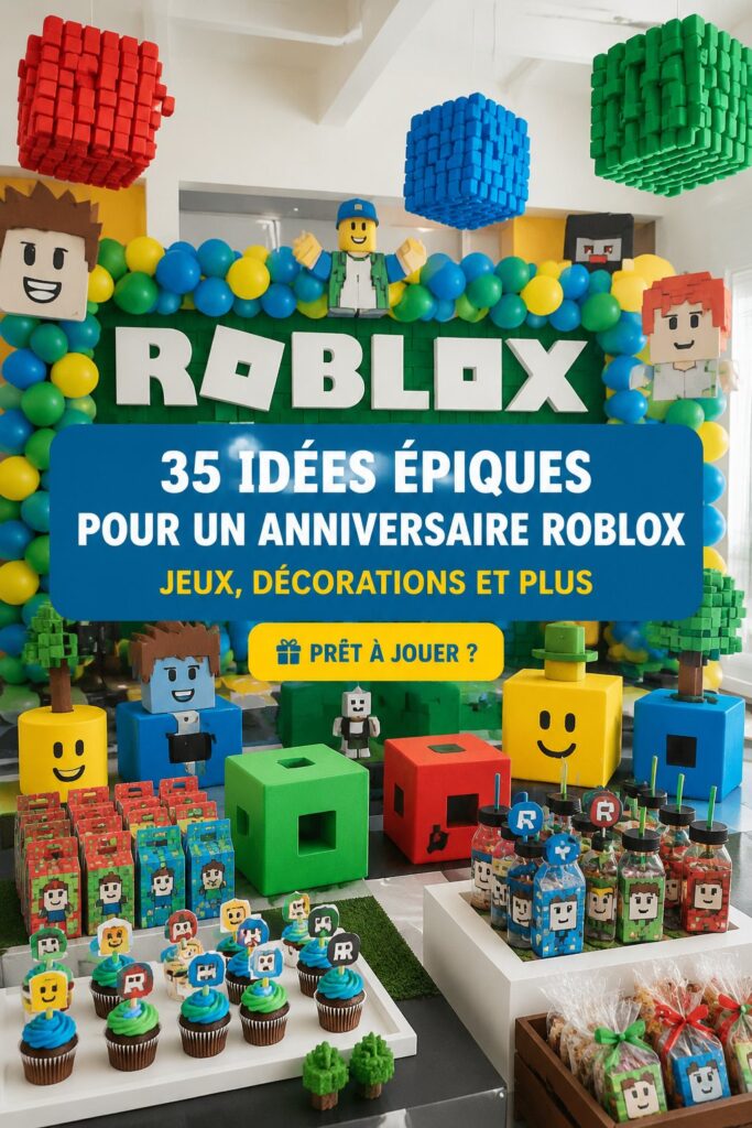 Fête d'anniversaire sur le thème de Roblox avec jeux et décorations colorées.