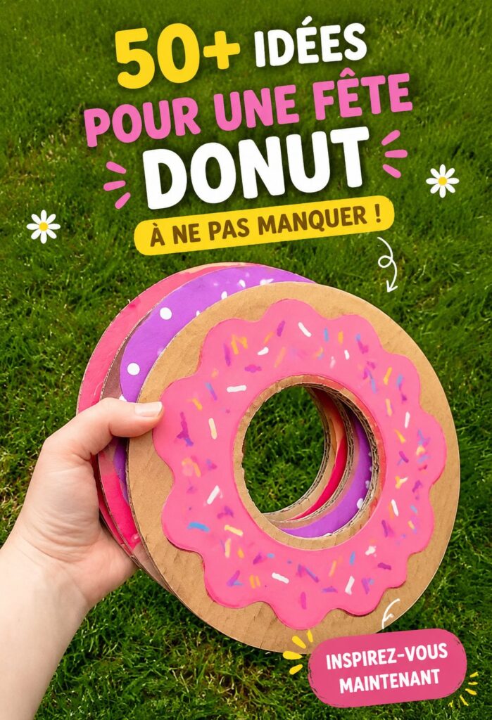 Fête d'anniversaire d'enfant avec une table remplie de donuts colorés.