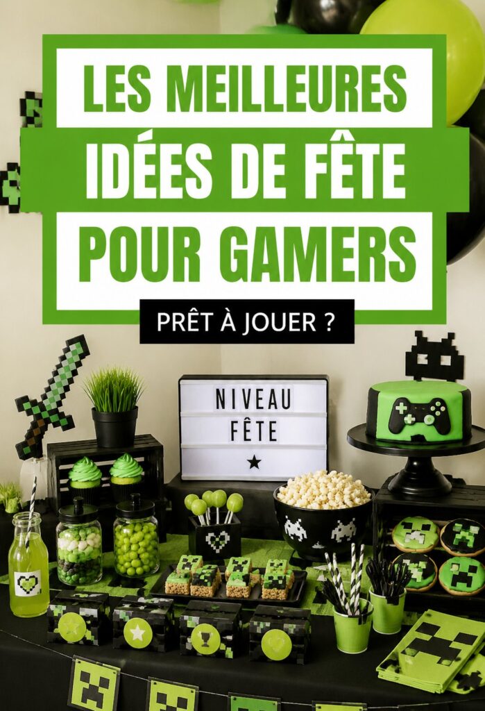 Une décoration colorée pour une fête gaming enfantine avec des ballons et des jeux vidéo
