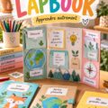 Un enfant montrant fièrement un lapbook coloré avec des illustrations ludiques.