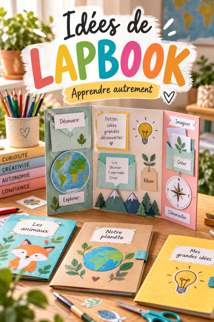 Un enfant montrant fièrement un lapbook coloré avec des illustrations ludiques.