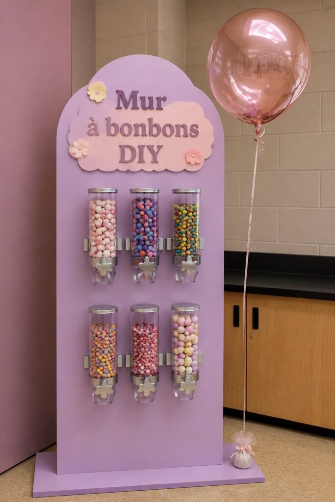 Un mur de bonbons coloré, parfait pour une fête d'enfants, rempli de friandises variées.