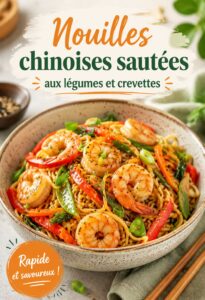 Recette de nouilles chinoises sautées aux légumes et crevettes servie dans un bol coloré