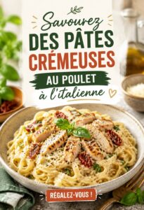 Pâtes crémeuses au poulet sur une assiette avec une garniture de parmesan