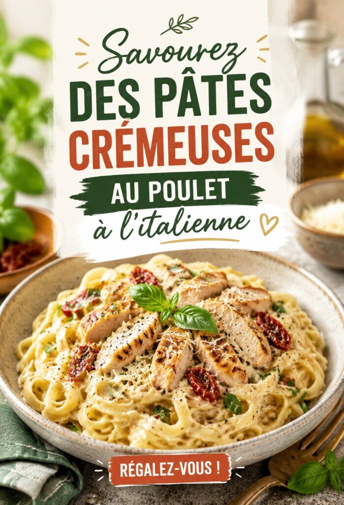 Pâtes crémeuses au poulet sur une assiette avec une garniture de parmesan