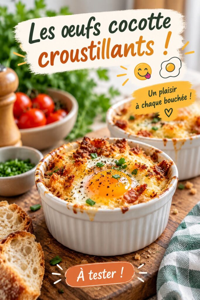 Des œufs cocotte croustillants prêts à être dégustés, joliment présentés dans des ramequins