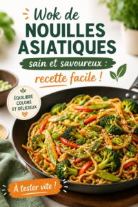 Wok de nouilles asiatiques servi dans une assiette colorée, prêt pour un déjeuner.