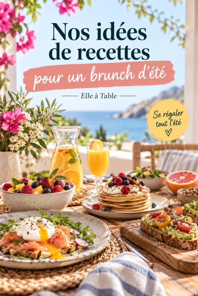 Un assortiment coloré de recettes de brunch d'été, incluant des pancakes et des fruits frais