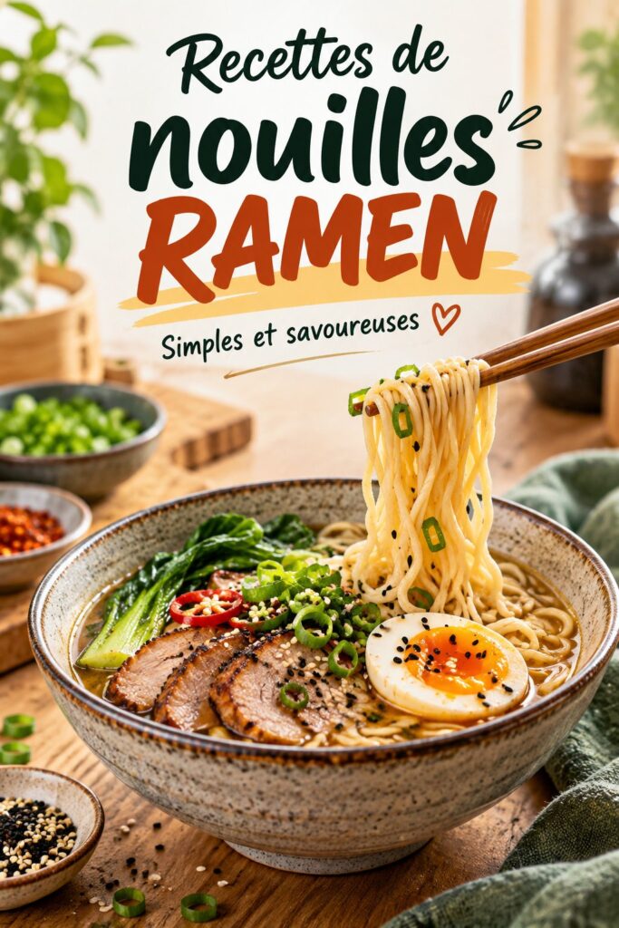 Bol de nouilles ramen colorées avec des légumes et une protéine pour un repas enfantin.