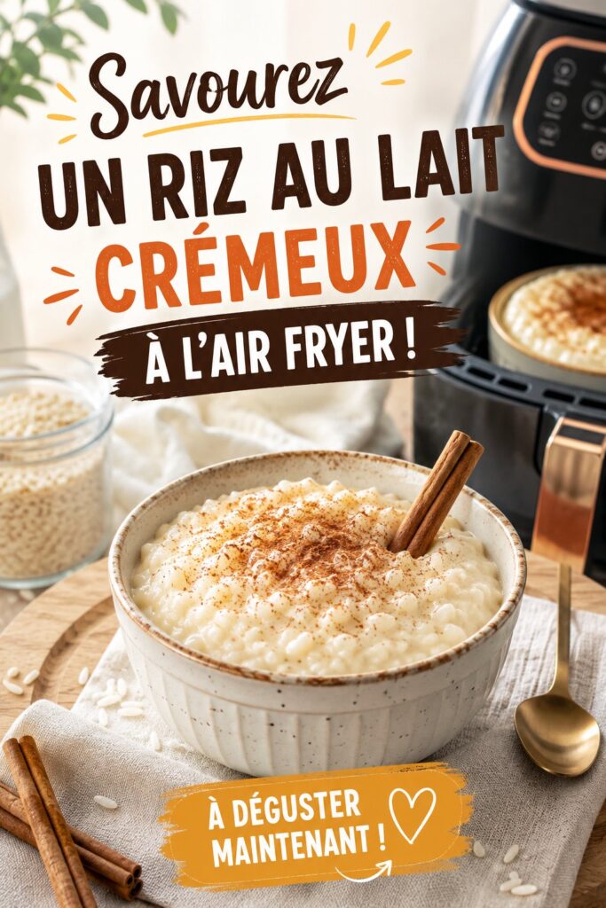 Riz au lait crémeux préparé à l'air fryer, servi dans un bol.
