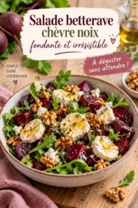 Salade de betterave servie avec fromage de chèvre et noix sur une assiette colorée.