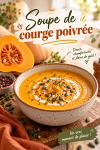 Soupe de courge poivrée dans un bol avec des herbes fraîches